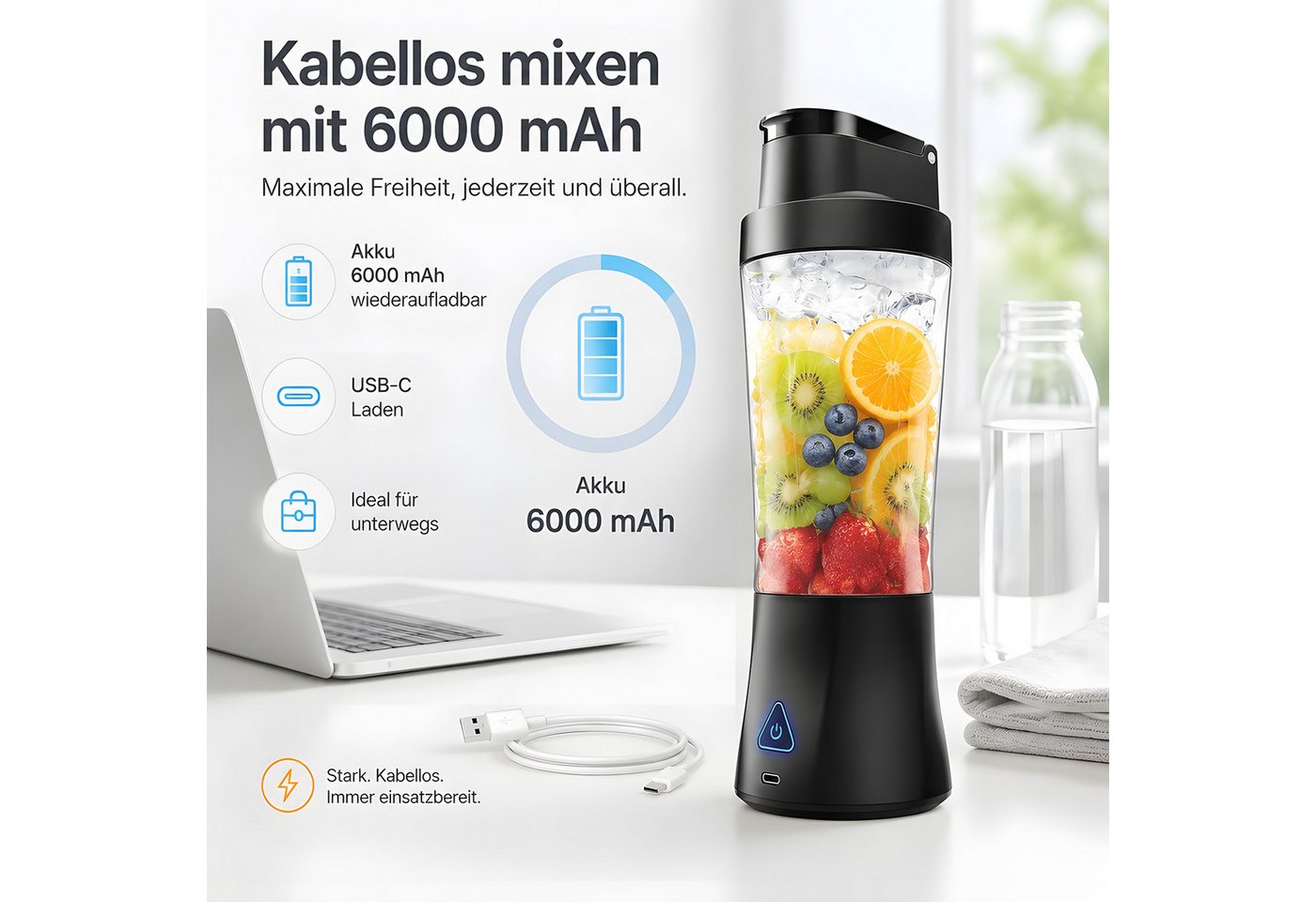 AIMAX Akku-Smoothie-Maker Tragbarer Mixer 700ml Mini Standmixer to Go - 6 Klingen Smoothie Maker, USB Shaker Bottle für Saft, für Küche, Reise, Büro, Fitness, Camper Bild 2