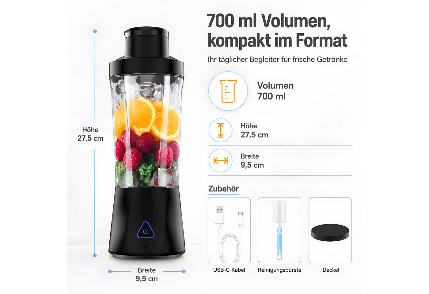 AIMAX Akku-Smoothie-Maker Tragbarer Mixer 700ml Mini Standmixer to Go - 6 Klingen Smoothie Maker, USB Shaker Bottle für Saft, für Küche, Reise, Büro, Fitness, Camper Bild 5