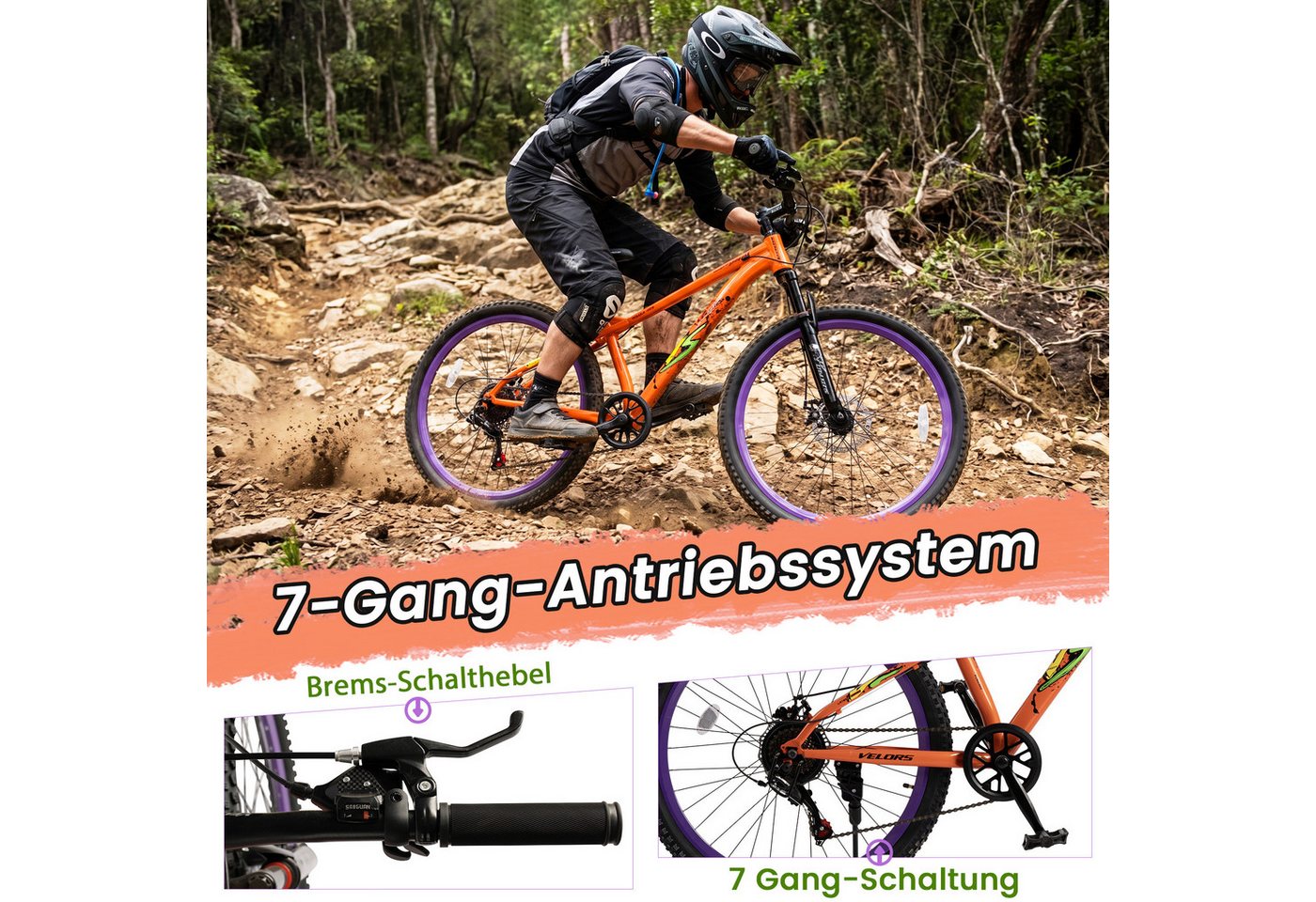 Velors Mountainbike 26 Zoll Fahrrad für Herren Damen, Mädchen und Jungen, 7 Gang Shimano, Kettenschaltung, Dirt Jump Bike Jugendfahrrad MTB Hardtail Fahrrad