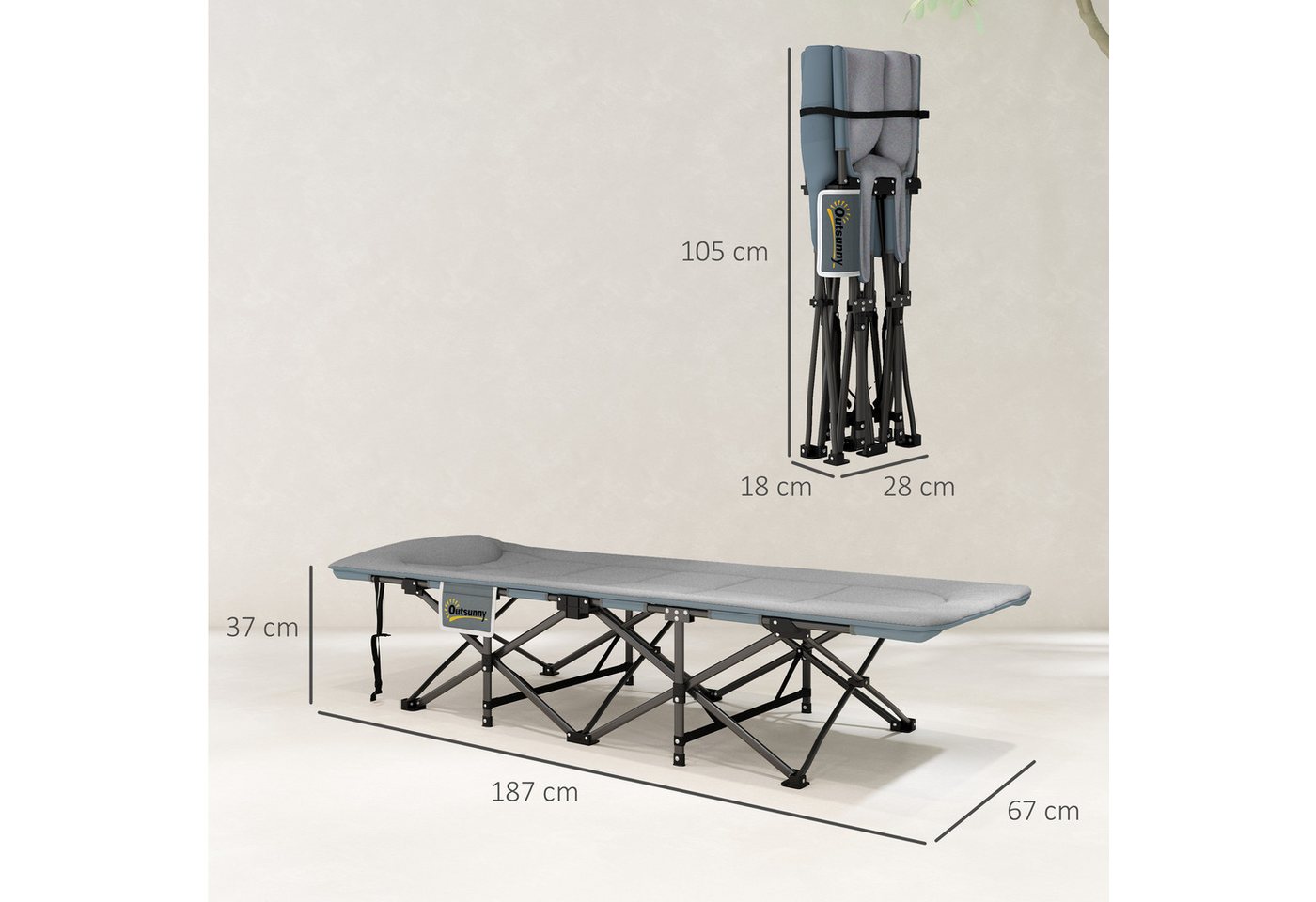 Outsunny Feldbett Campingliege mit Kopfkissen Seitentasche Klappbett für Erwachsene (Gästebett bis 150 kg, 1-St., faltbar Campingbett) 187 x 67 x 37 cm, für Outdoor, Garten Camping Reisen Grau