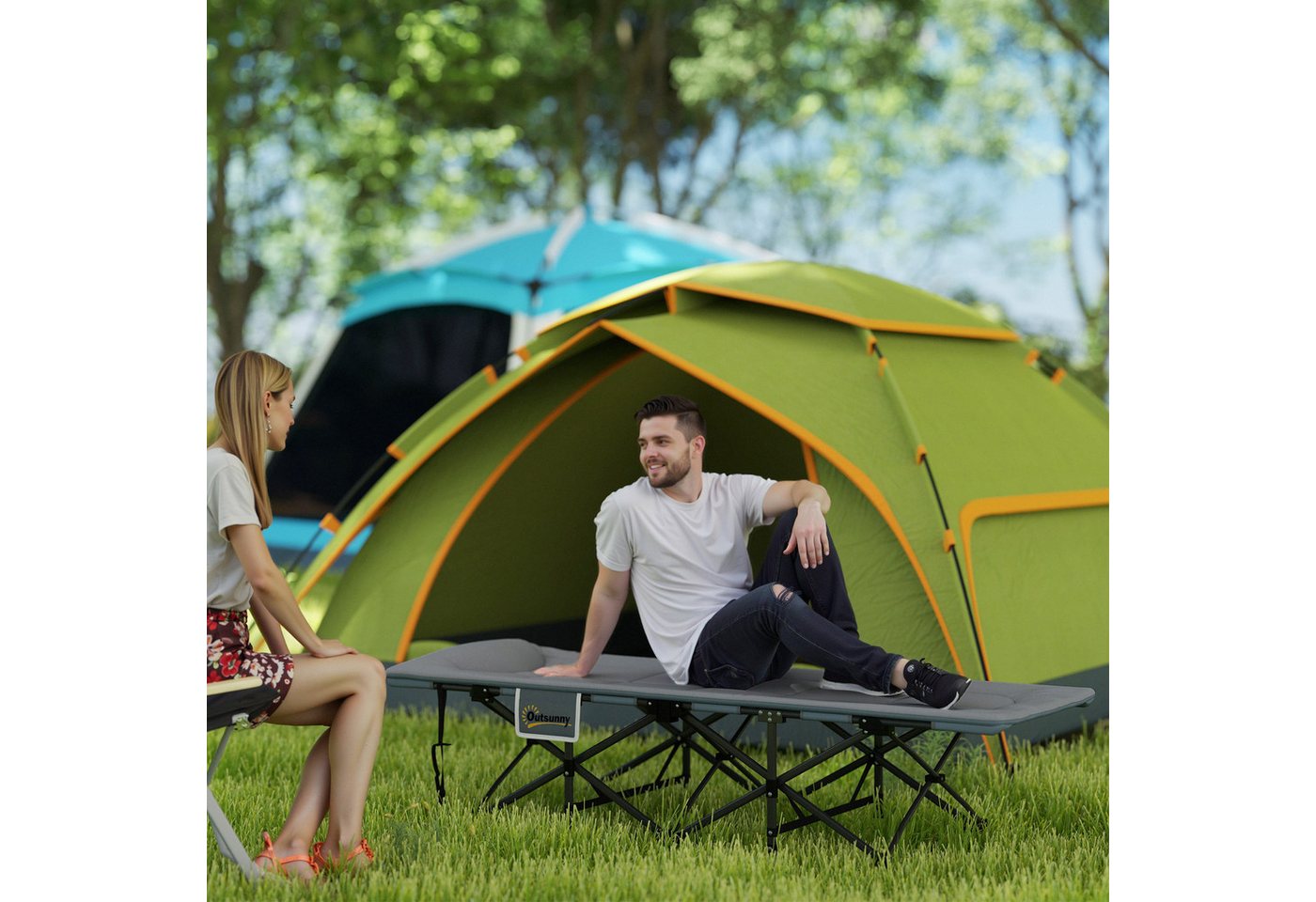 Outsunny Feldbett Campingliege mit Kopfkissen Seitentasche Klappbett für Erwachsene (Gästebett bis 150 kg, 1-St., faltbar Campingbett) 187 x 67 x 37 cm, für Outdoor, Garten Camping Reisen Grau Bild 2