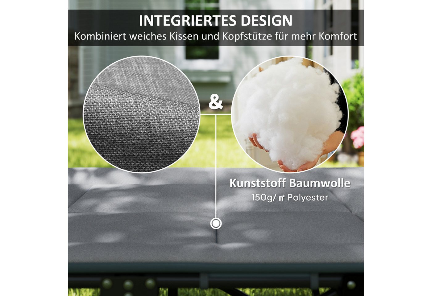 Outsunny Feldbett Campingliege mit Kopfkissen Seitentasche Klappbett für Erwachsene (Gästebett bis 150 kg, 1-St., faltbar Campingbett) 187 x 67 x 37 cm, für Outdoor, Garten Camping Reisen Grau Bild 3