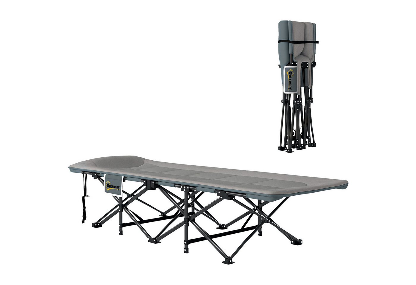 Outsunny Feldbett Campingliege mit Kopfkissen Seitentasche Klappbett für Erwachsene (Gästebett bis 150 kg, 1-St., faltbar Campingbett) 187 x 67 x 37 cm, für Outdoor, Garten Camping Reisen Grau Bild 4
