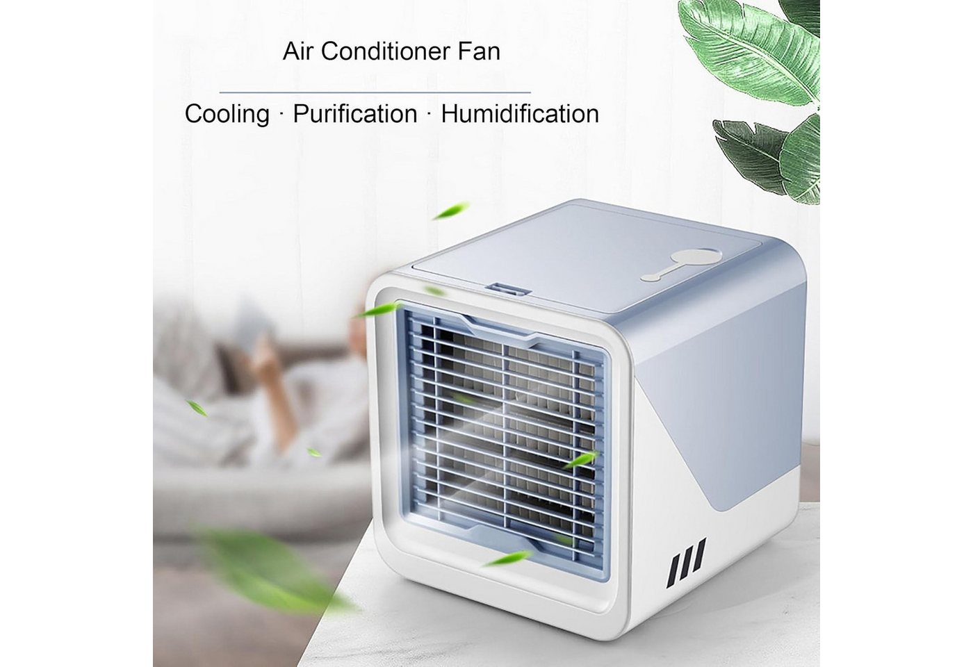 MOPUEA Ventilatorkombigerät Mini Luftkühler USB mit Wasserkühlung, Luftzirkulator 500ML Wassertank, 3 Stufen tragbarer Luftbefeuchter Ventilator für Büro und Schlafzimmer