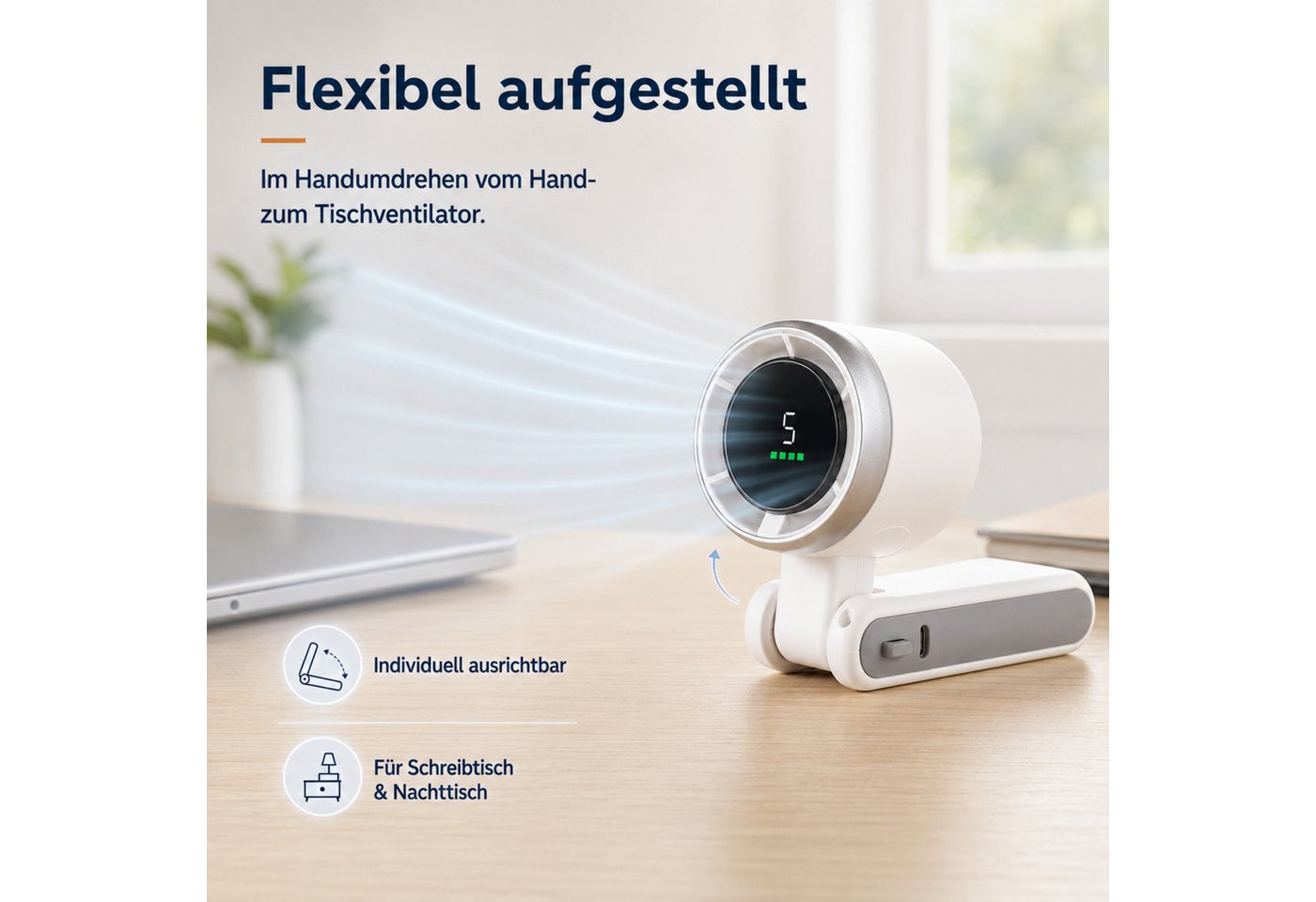 HS.SUPPLY Handventilator Mini Handventilator 3-in-1 mit Display, USB-C, 5 Stufen, 3-in-1 Hand-, Tisch- und Umhängeventilator mit Digitaldisplay