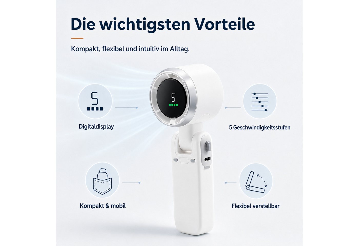 HS.SUPPLY Handventilator Mini Handventilator 3-in-1 mit Display, USB-C, 5 Stufen, 3-in-1 Hand-, Tisch- und Umhängeventilator mit Digitaldisplay Bild 3
