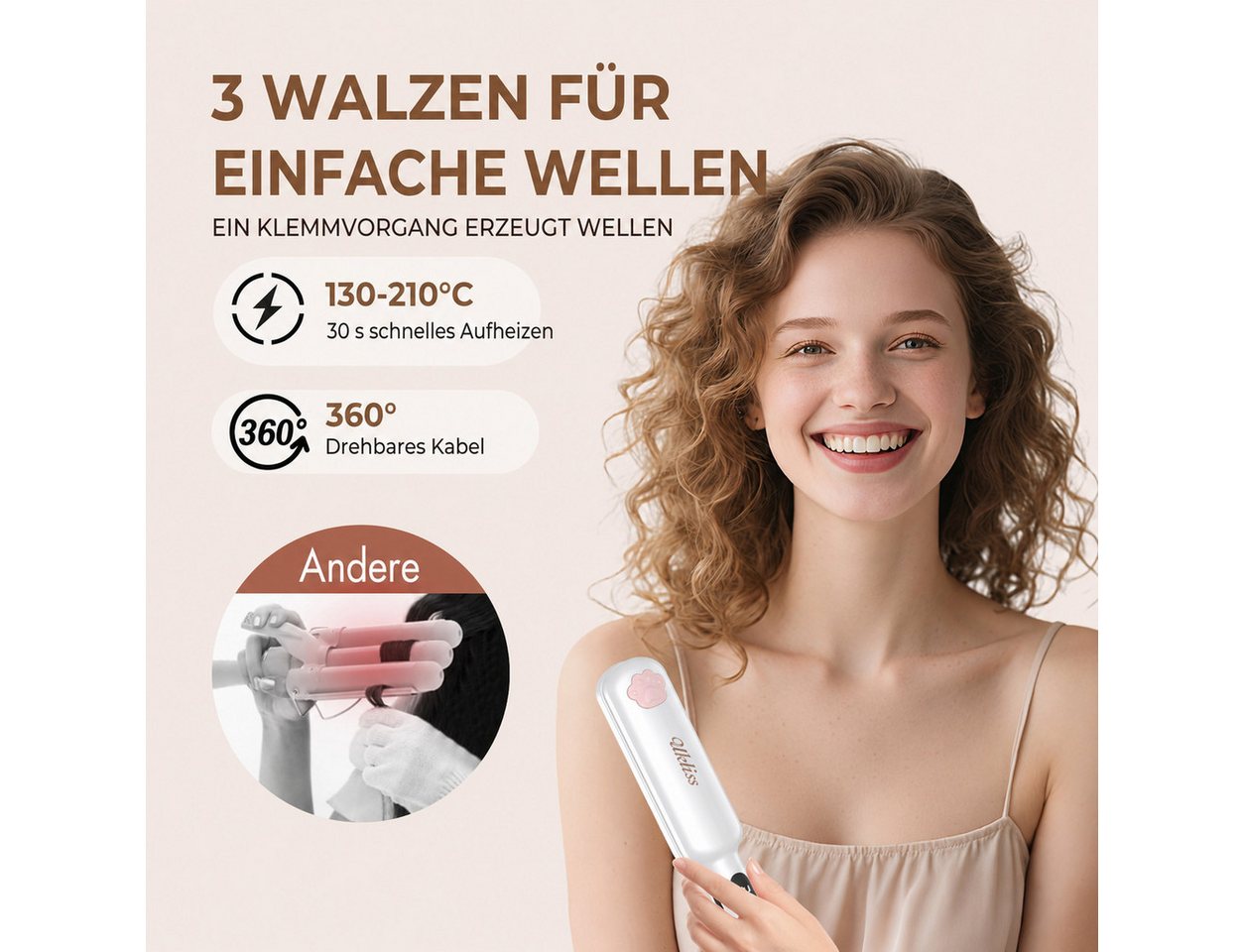 UKLISS Lockenstab 3-Walzen Welleneisen, Mini Reise Lockenstab, für Anfänger geeignet, für natürliche Meerjungfrauen-Wellen, LCD-Display 130–210°C Bild 2