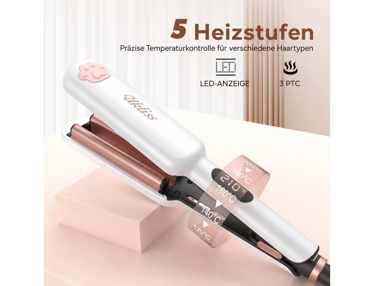 UKLISS Lockenstab 3-Walzen Welleneisen, Mini Reise Lockenstab, für Anfänger geeignet, für natürliche Meerjungfrauen-Wellen, LCD-Display 130–210°C Bild 3