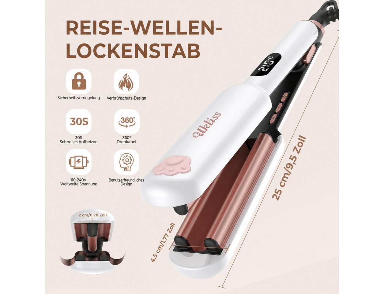 UKLISS Lockenstab 3-Walzen Welleneisen, Mini Reise Lockenstab, für Anfänger geeignet, für natürliche Meerjungfrauen-Wellen, LCD-Display 130–210°C Bild 4