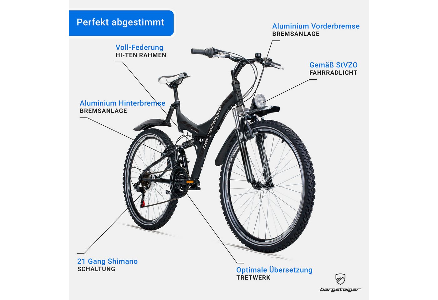 bergsteiger Mountainbike Memphis 26 Zoll, geeignet ab 150 cm, Damen, Herren, 21 Gang Shimano Tourney RD-TZ50 Schaltwerk, Kettenschaltung, V-Brakes Bild 3