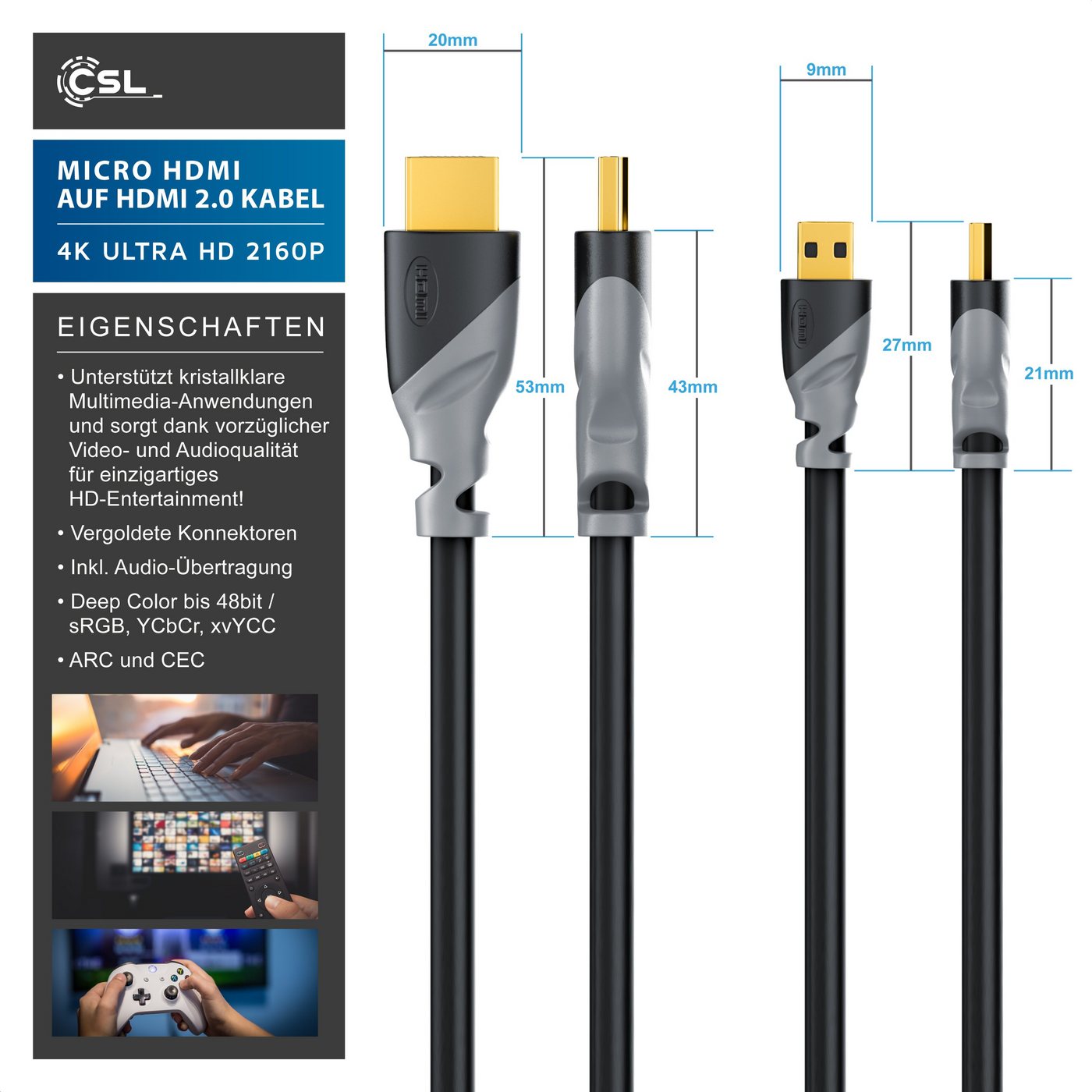 CSL HDMI-Kabel, 2.0, HDMI Typ D (Micro), HDMI Typ A (100 cm), 4K mit Ethernet, Ultra HD Auflösung 2160p (3840 × 2160 Pixel) - 1m Bild 3