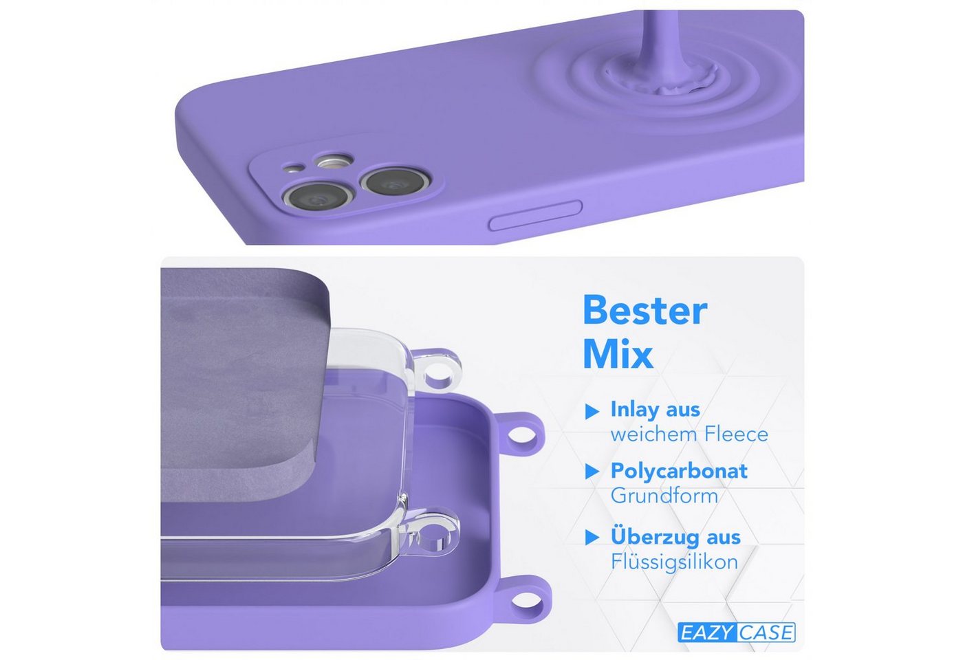 EAZY CASE Handykette Runde Kette für Apple iPhone 12 Mini 5,4 Zoll, Ketten Kordel Transparent Case abnehmbare Handyhülle Flieder Lila Gold
