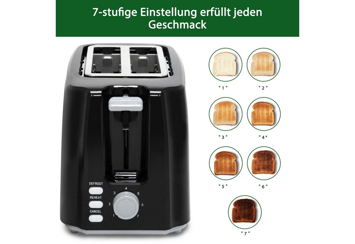 Aigostar Toaster 7 Einstellbare Bräunungsstufe, 2 Breite Toastschlitze, Sandwichtoaster, 2 lange Schlitze, für 2 Scheiben, 750,00 W, Abtauen, Aufwärmen und Abbrechen Funktionen, Slide-Out-Krümelschublade