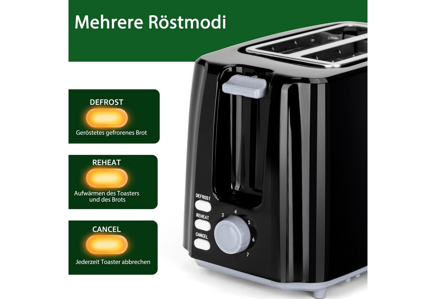 Aigostar Toaster 7 Einstellbare Bräunungsstufe, 2 Breite Toastschlitze, Sandwichtoaster, 2 lange Schlitze, für 2 Scheiben, 750,00 W, Abtauen, Aufwärmen und Abbrechen Funktionen, Slide-Out-Krümelschublade Bild 2