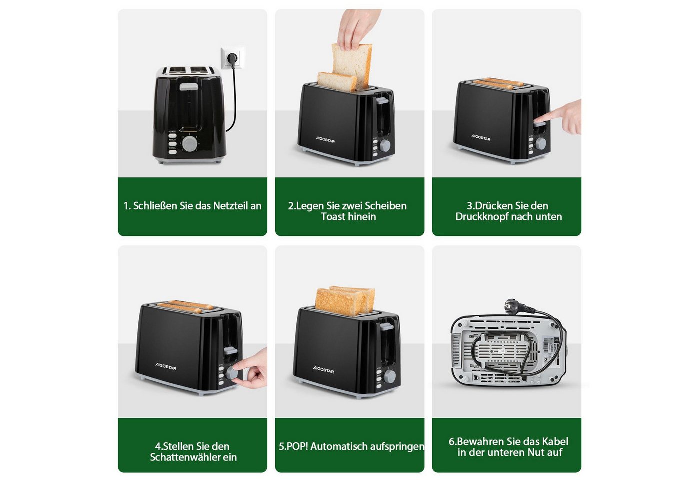 Aigostar Toaster 7 Einstellbare Bräunungsstufe, 2 Breite Toastschlitze, Sandwichtoaster, 2 lange Schlitze, für 2 Scheiben, 750,00 W, Abtauen, Aufwärmen und Abbrechen Funktionen, Slide-Out-Krümelschublade Bild 4