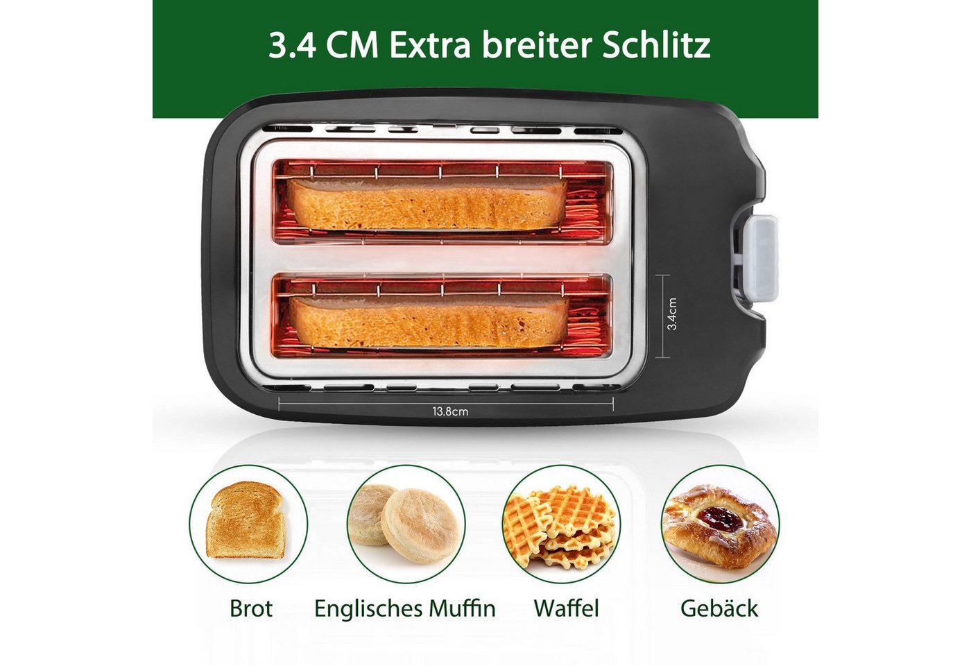 Aigostar Toaster 7 Einstellbare Bräunungsstufe, 2 Breite Toastschlitze, Sandwichtoaster, 2 lange Schlitze, für 2 Scheiben, 750,00 W, Abtauen, Aufwärmen und Abbrechen Funktionen, Slide-Out-Krümelschublade Bild 5