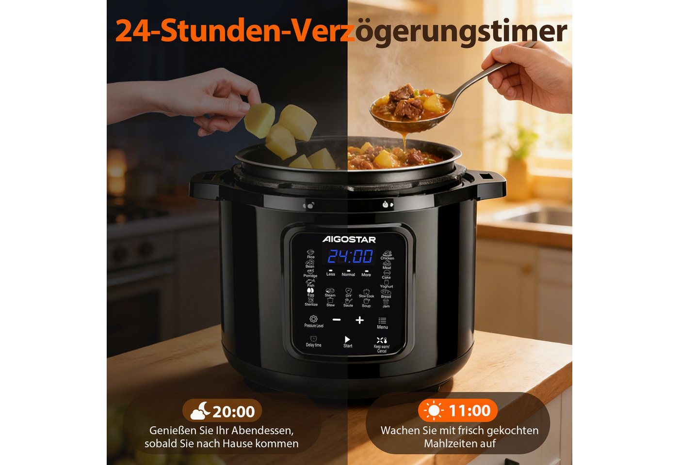 Aigostar Reiskocher 6L Schnellkochtopf, 18-in-1 Multikoche, Pressure Cooker, Rice Cooker, 1000 W, 24h Timer & Warmhalte, Antihaftbeschichtung, 10+ Sicherheitsmerkmale