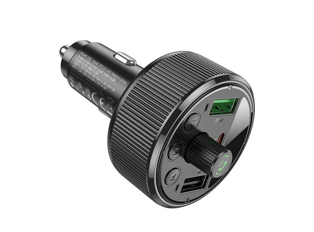 hoco. E82 KFZ-Transmitter Kfz-Stecker (12–24 V) zu USB-A, USB-C, Bluetooth-FM-Transmitter mit Schnellladefunktion (PD/QC 3.0)