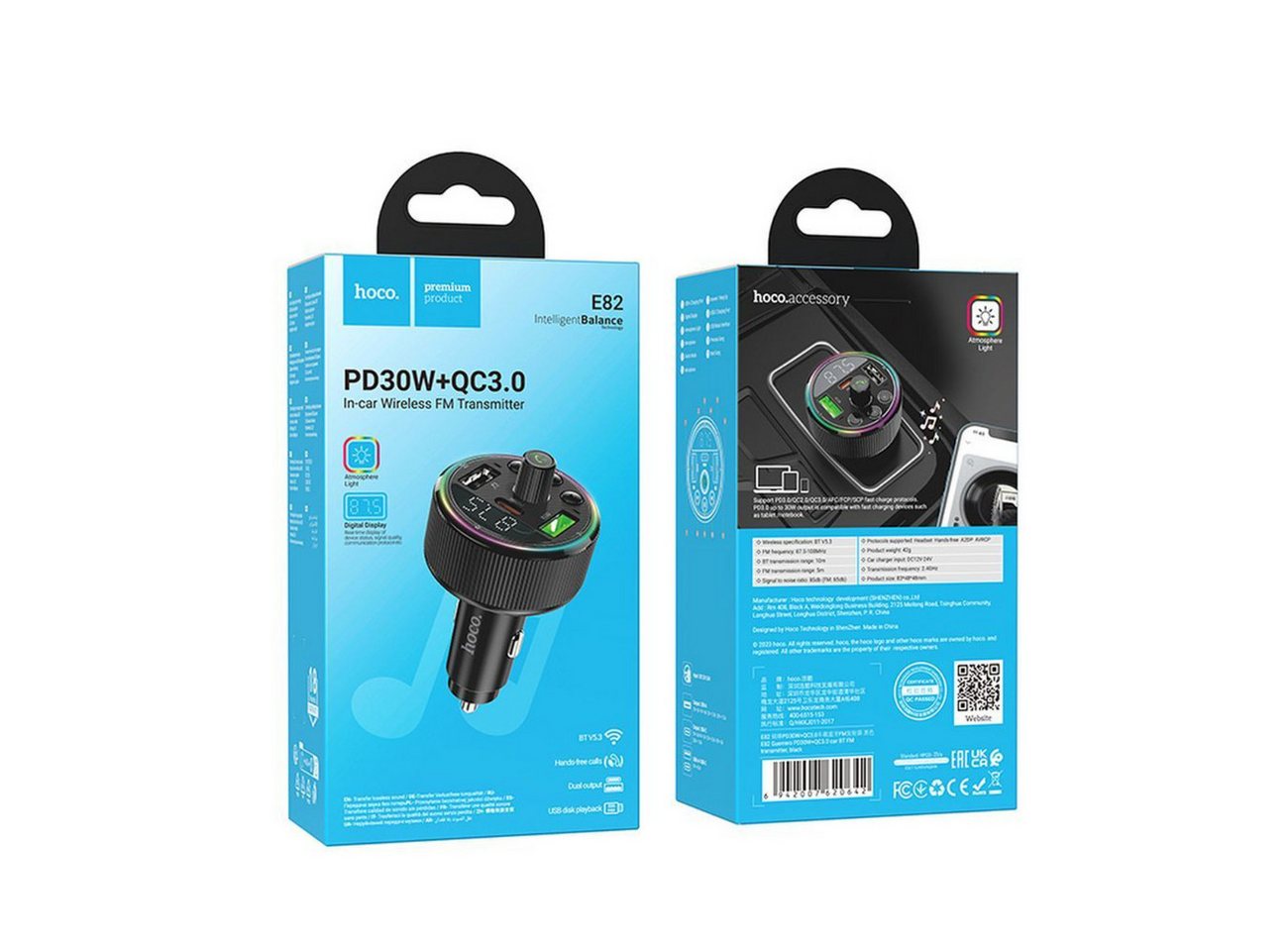hoco. E82 KFZ-Transmitter Kfz-Stecker (12–24 V) zu USB-A, USB-C, Bluetooth-FM-Transmitter mit Schnellladefunktion (PD/QC 3.0) Bild 5