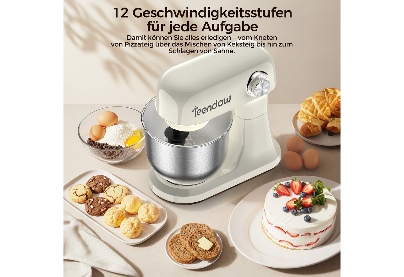 Teendow Küchenmaschine Multifunktionale Küchenmaschine mit 12-Geschwindigkeit, kippbarem Kopf, 1500 W, 4,7 l Schüssel, mit Knethaken, Schneebesen, und Rührbesen Bild 2
