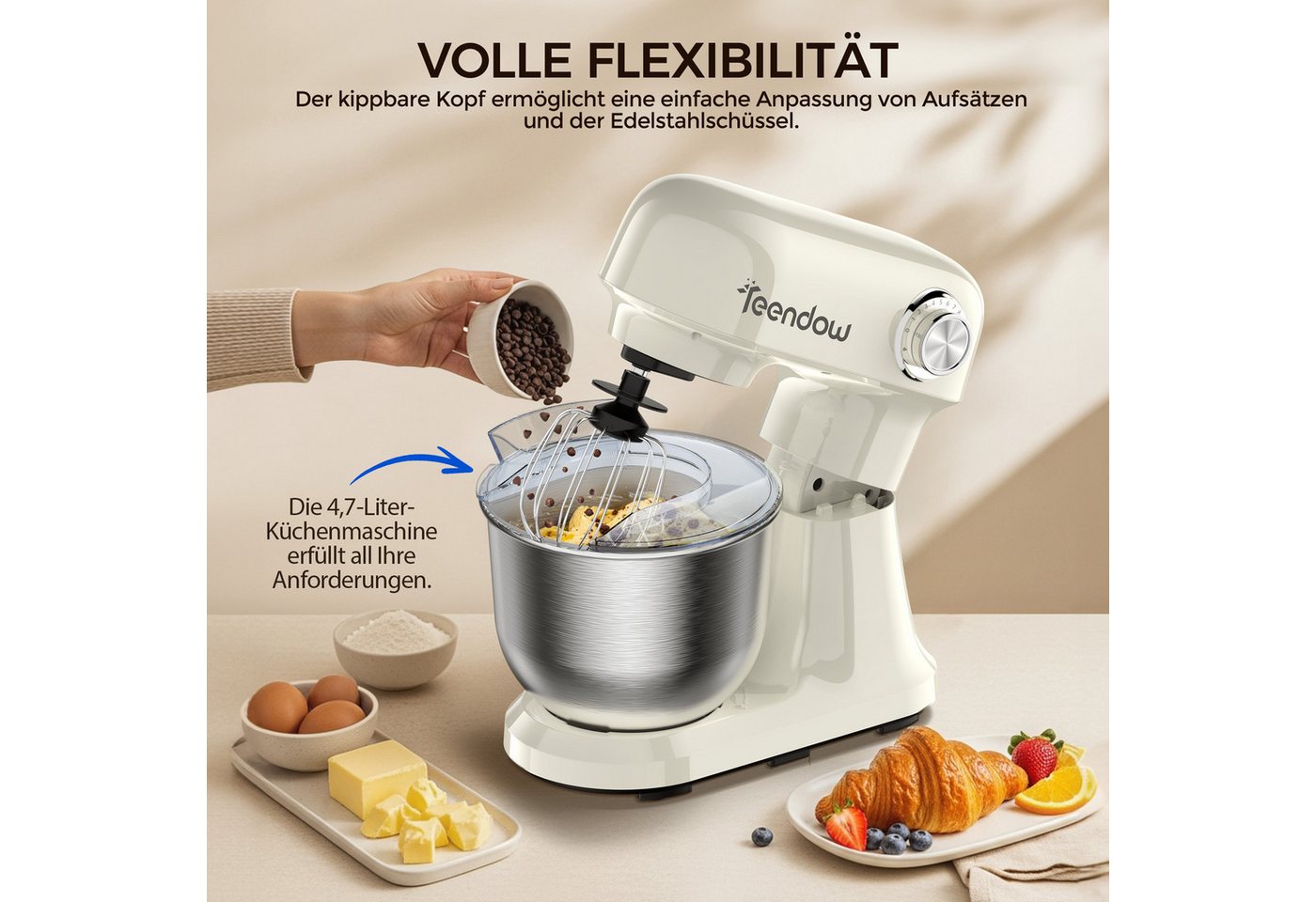 Teendow Küchenmaschine Multifunktionale Küchenmaschine mit 12-Geschwindigkeit, kippbarem Kopf, 1500 W, 4,7 l Schüssel, mit Knethaken, Schneebesen, und Rührbesen Bild 3
