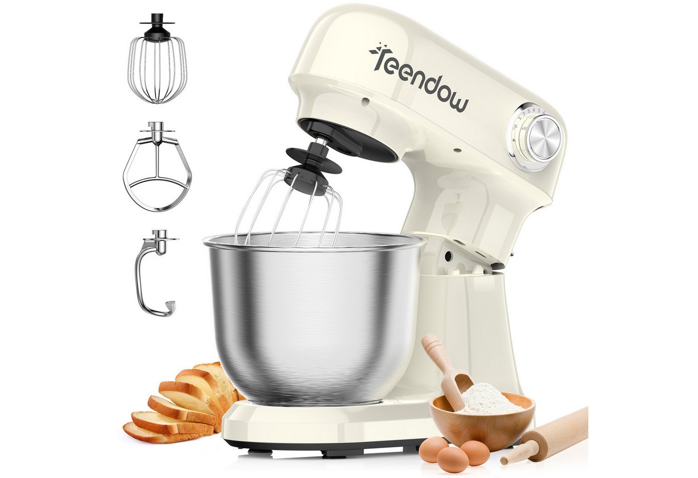 Teendow Küchenmaschine Multifunktionale Küchenmaschine mit 12-Geschwindigkeit, kippbarem Kopf, 1500 W, 4,7 l Schüssel, mit Knethaken, Schneebesen, und Rührbesen Bild 4