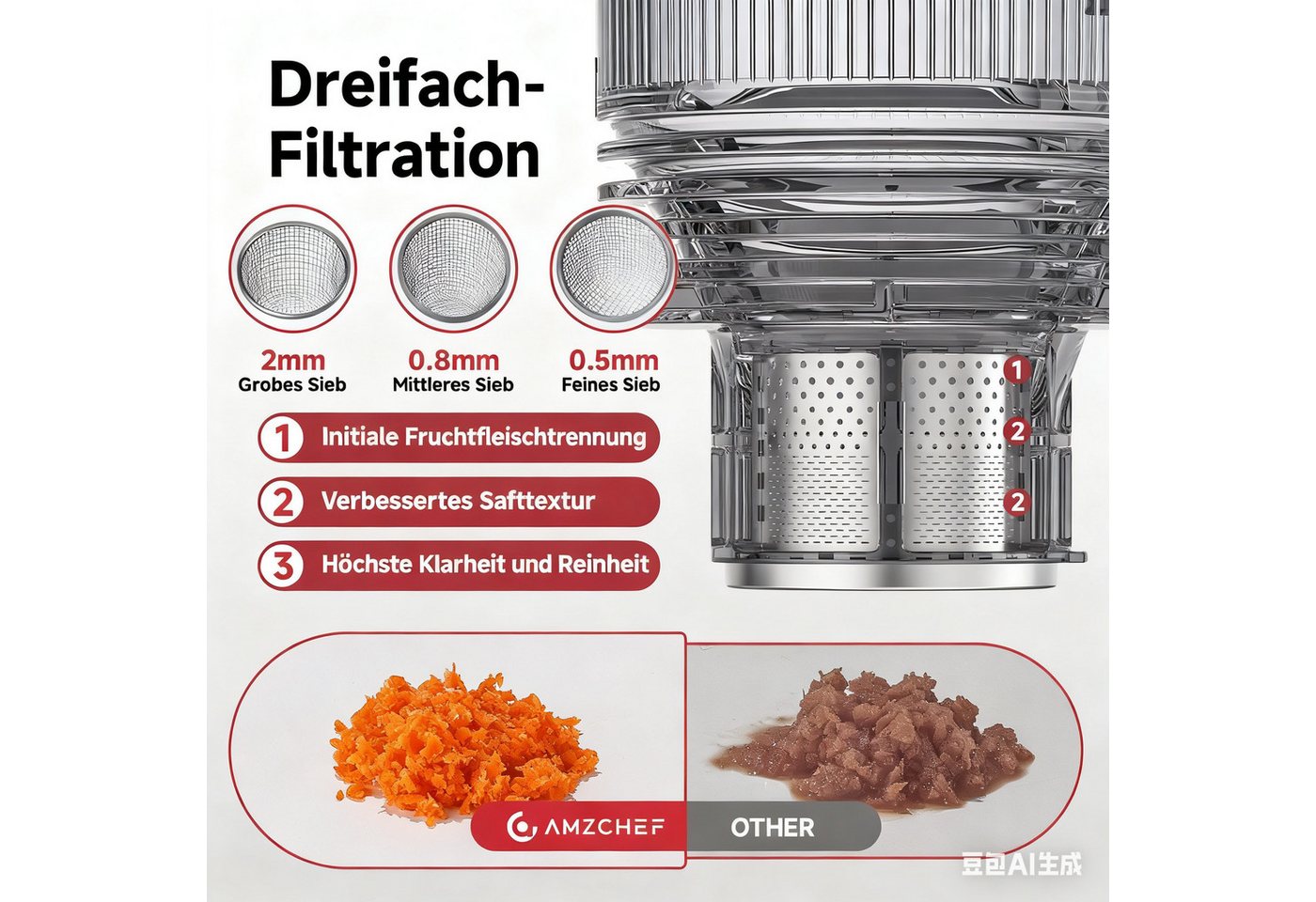AMZCHEF Zentrifugenentsafter JE-7OT8, 250 W, 150mm Extra-Breitem Einfüllschacht, 2L Entsafter für Gemüse und Obst Bild 3