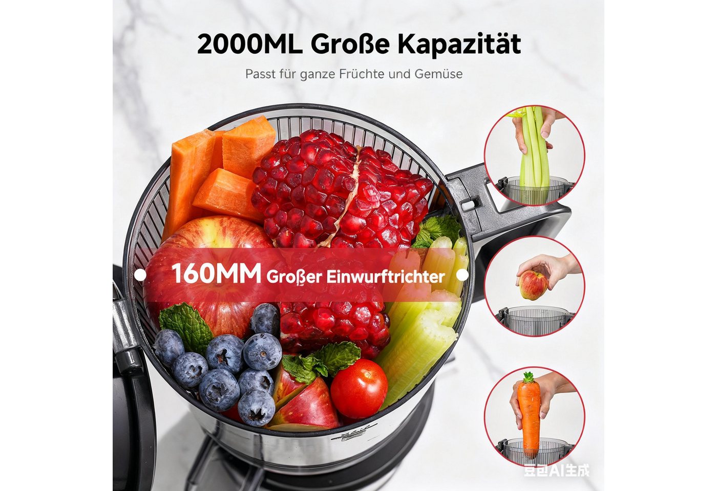 AMZCHEF Zentrifugenentsafter JE-7OT8, 250 W, 150mm Extra-Breitem Einfüllschacht, 2L Entsafter für Gemüse und Obst Bild 4