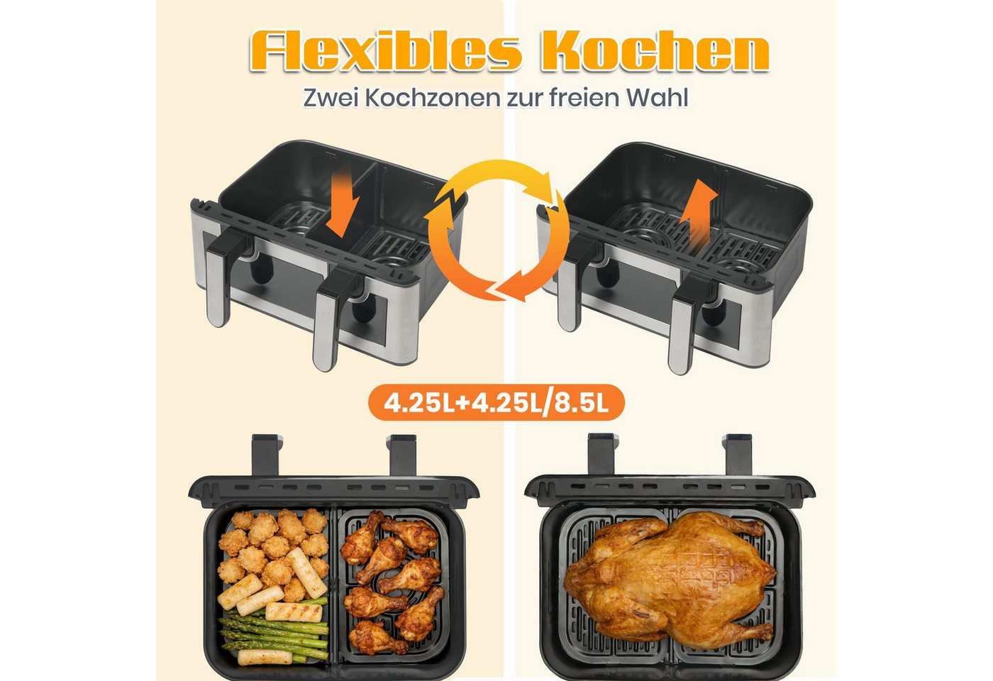 WHEELYOU Heißluftfritteuse 8,5L, 2000W Airfryer mit Doppel-/Einzelkammer, Sichtfenster & 12 Programmen, 2000 W, Umschaltbarer Airfryer mit Touchdisplay, Trennwand & 80–200 °C