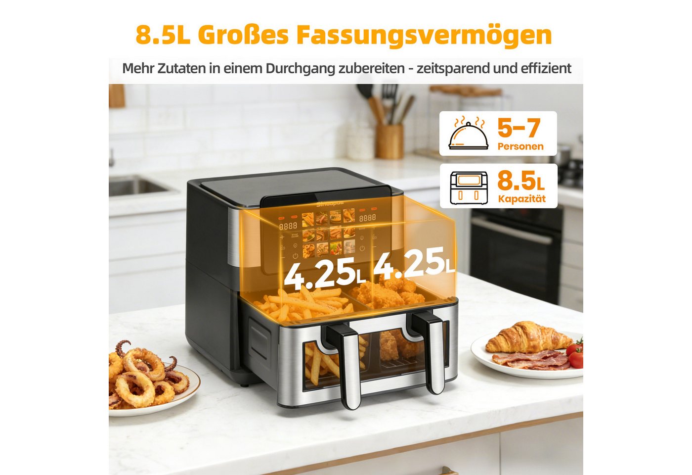 WHEELYOU Heißluftfritteuse 8,5L, 2000W Airfryer mit Doppel-/Einzelkammer, Sichtfenster & 12 Programmen, 2000 W, Umschaltbarer Airfryer mit Touchdisplay, Trennwand & 80–200 °C Bild 2