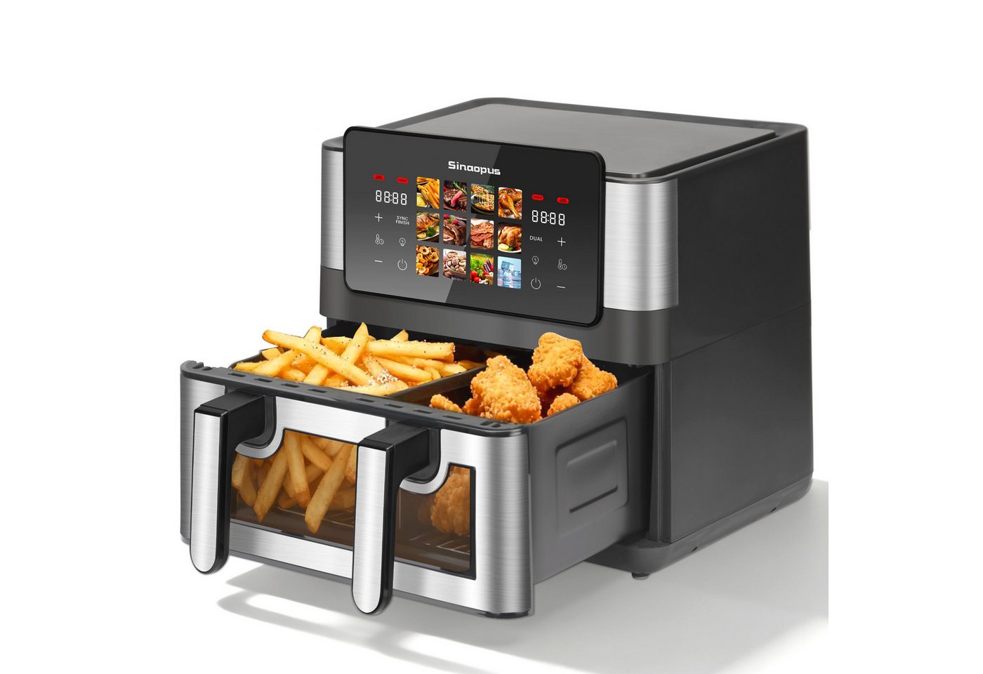 WHEELYOU Heißluftfritteuse 8,5L, 2000W Airfryer mit Doppel-/Einzelkammer, Sichtfenster & 12 Programmen, 2000 W, Umschaltbarer Airfryer mit Touchdisplay, Trennwand & 80–200 °C Bild 3
