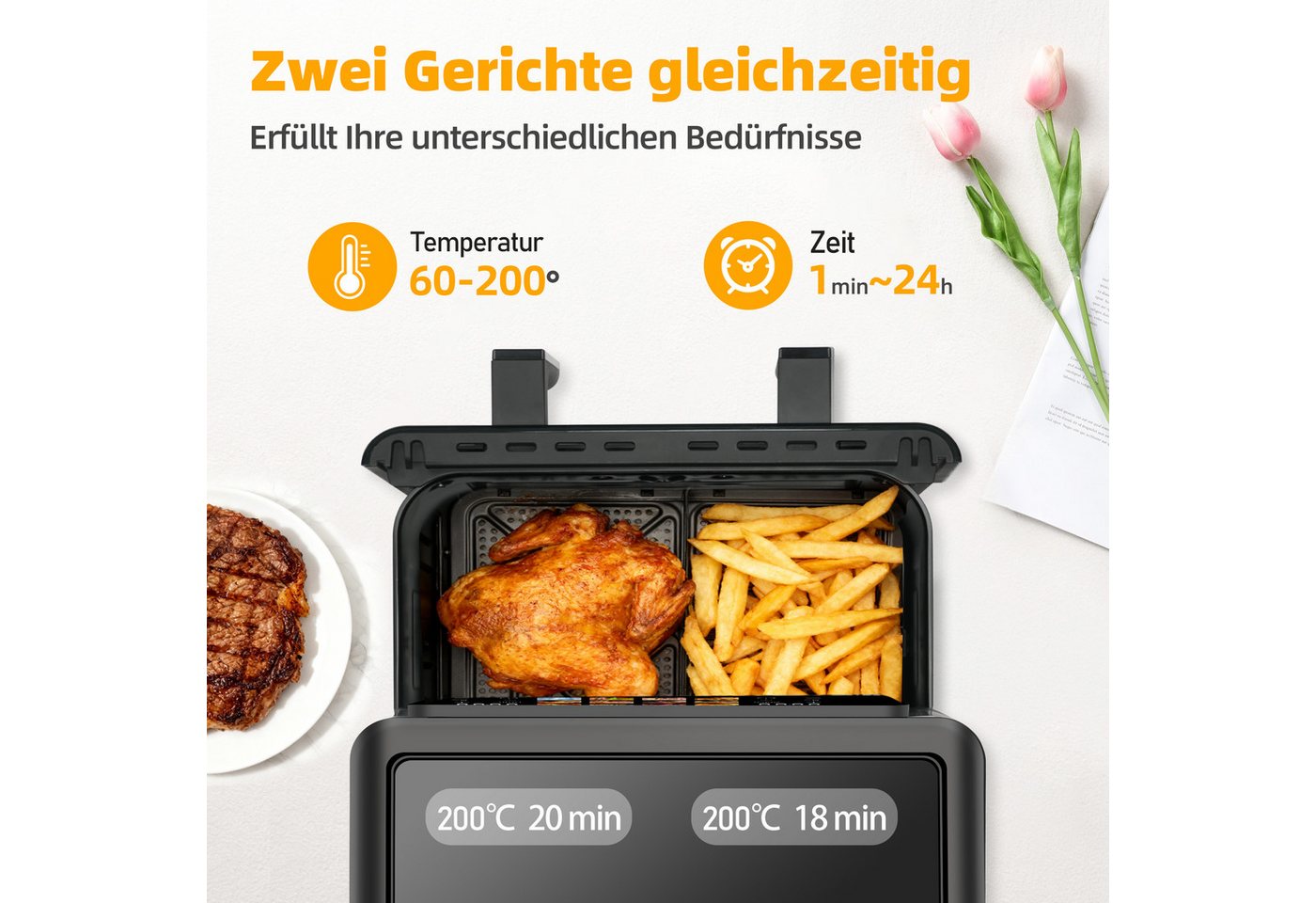 WHEELYOU Heißluftfritteuse 8,5L, 2000W Airfryer mit Doppel-/Einzelkammer, Sichtfenster & 12 Programmen, 2000 W, Umschaltbarer Airfryer mit Touchdisplay, Trennwand & 80–200 °C Bild 4