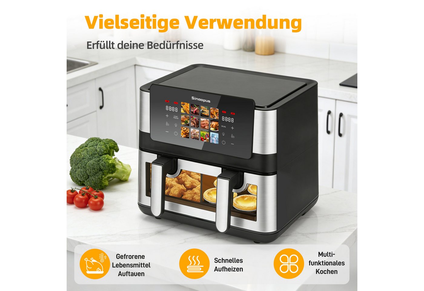 WHEELYOU Heißluftfritteuse 8,5L, 2000W Airfryer mit Doppel-/Einzelkammer, Sichtfenster & 12 Programmen, 2000 W, Umschaltbarer Airfryer mit Touchdisplay, Trennwand & 80–200 °C Bild 5