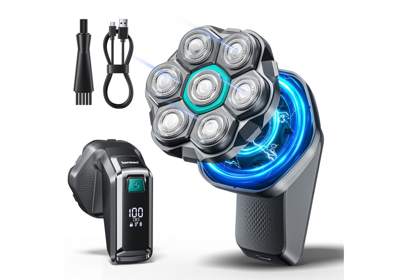 Kensen Haarschneider 7D Glatzenrasierer für Herren, elektrischer Kopfrasierer, IPX6, Magnetischer Scherkopf, 100 Min. Laufzeit, LED-Display, Nass & Trocken Bild 3