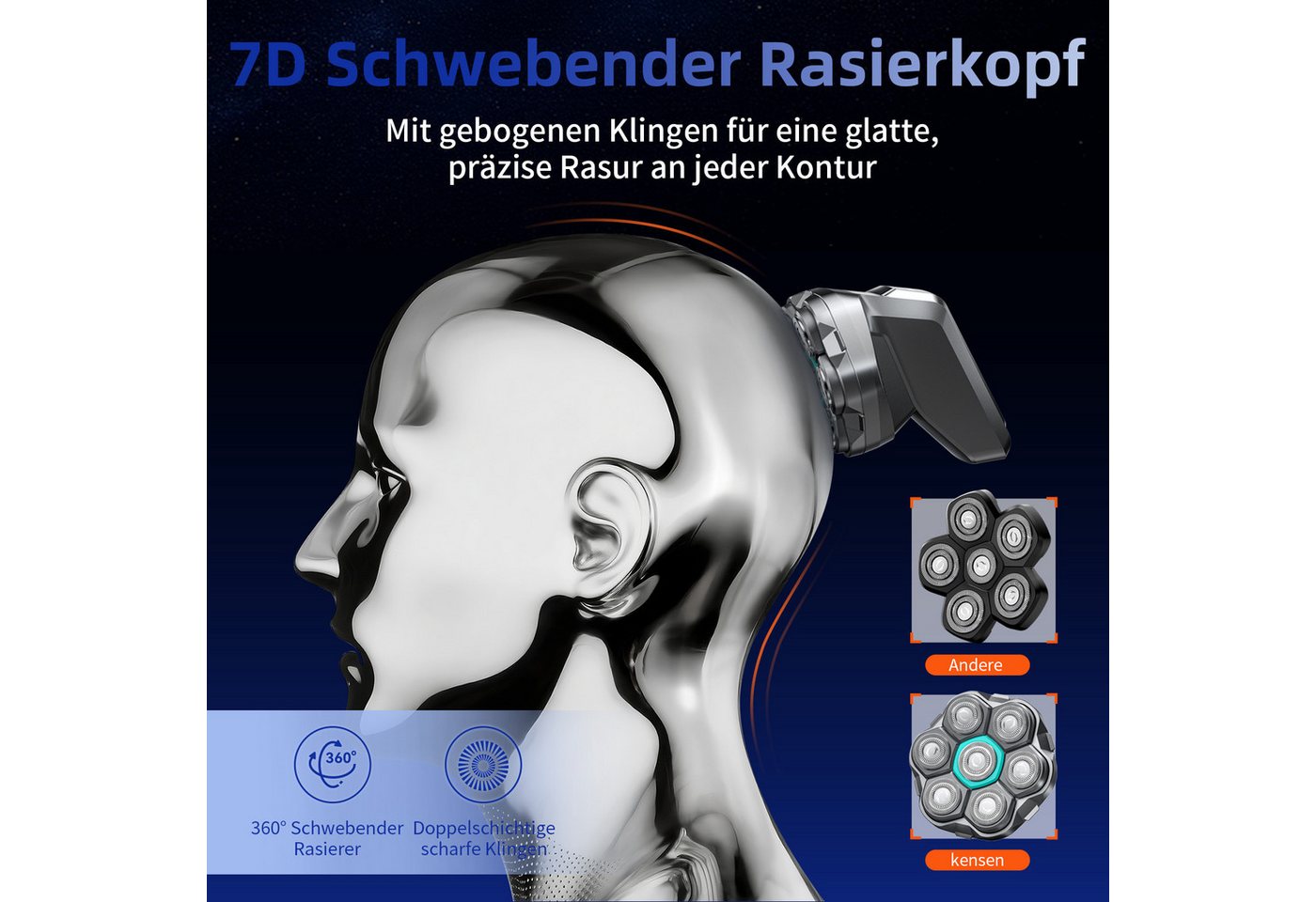 Kensen Haarschneider 7D Glatzenrasierer für Herren, elektrischer Kopfrasierer, IPX6, Magnetischer Scherkopf, 100 Min. Laufzeit, LED-Display, Nass & Trocken Bild 5