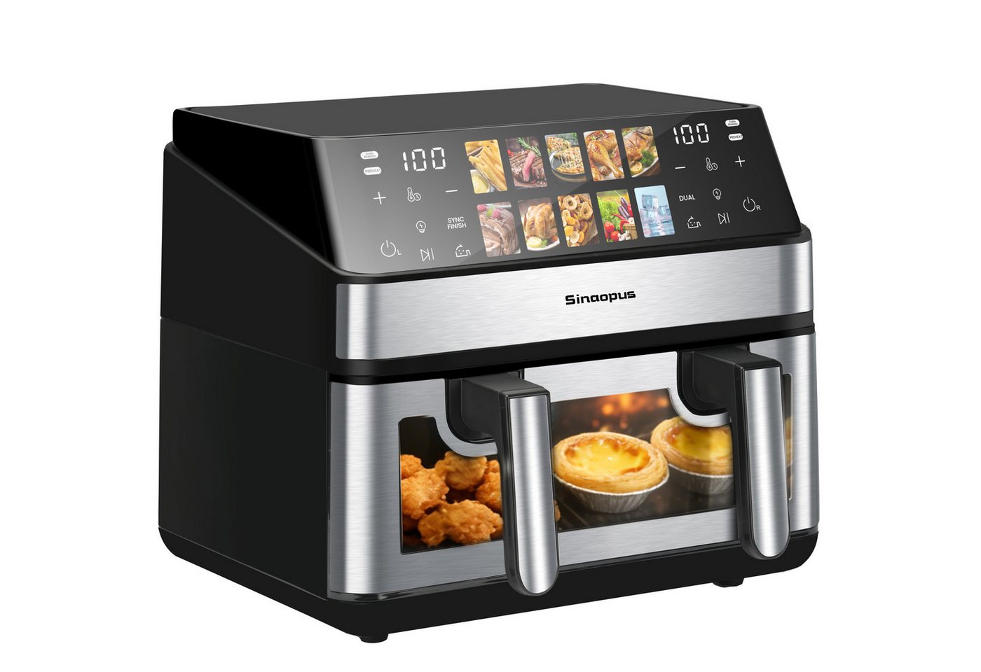 WHEELYOU Heißluftfritteuse 9L, 2000W Airfryer mit Doppel-/Einzelkammer, Sichtfenster & 12 Programmen, 2000 W, 9L Airfryer mit Touchscreen, 360° Heißluft und 12 Programmen Bild 2