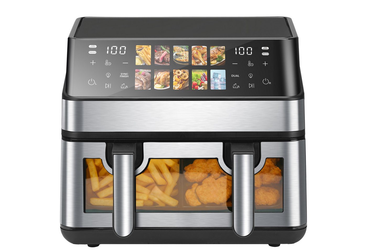 WHEELYOU Heißluftfritteuse 9L, 2000W Airfryer mit Doppel-/Einzelkammer, Sichtfenster & 12 Programmen, 2000 W, 9L Airfryer mit Touchscreen, 360° Heißluft und 12 Programmen Bild 3