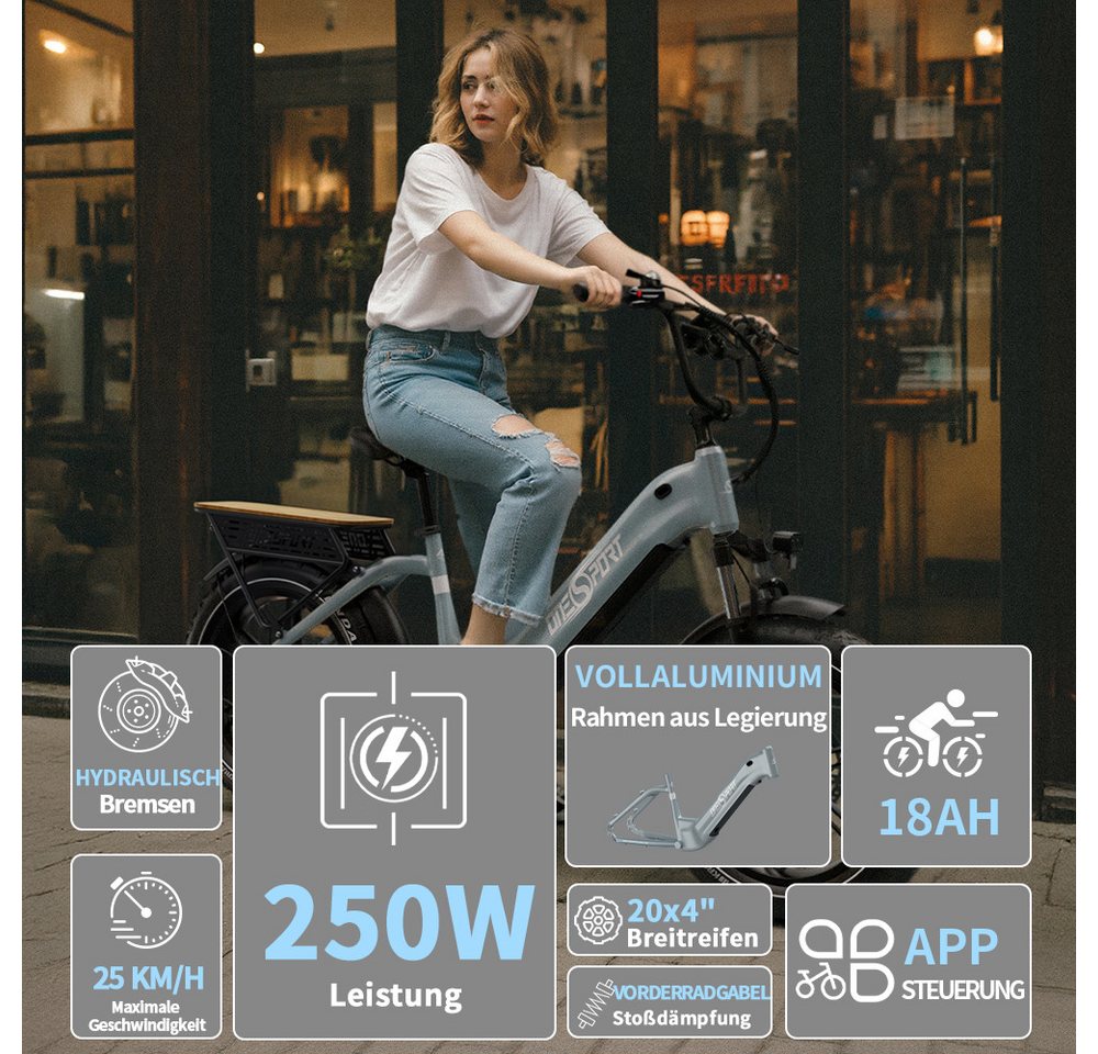 Onesport E-Bike Cityrad herren Elektrofahrrad 20× 4.0 Zoll 18AH 48V 864WH damen E-MBT, 7 Gang Shimano, Kettenschaltung (Shimano 7-Gang), Heckmotor, 864 Wh, Cityrad 7 Gang Shimano, hydraulischen Scheibenbremse, Kettenschaltung Bild 2