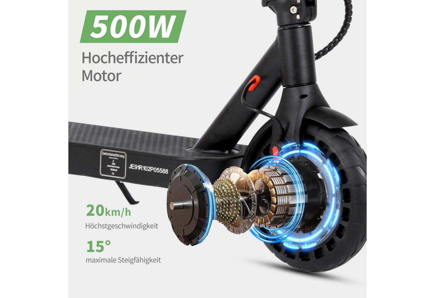 ZWHEEL E-Scooter mit Straßenzulassung 10‘’ E-roller, klappbarer Elektroroller, 45km, 500 W, 20 km/h, (mit Schutzblechen, Steigfähigkeit 20 °, max. Zuladung 120 kg), mit APP, LED-Display, Doppels Bremssystem, mit Stoßdämpfung Bild 2