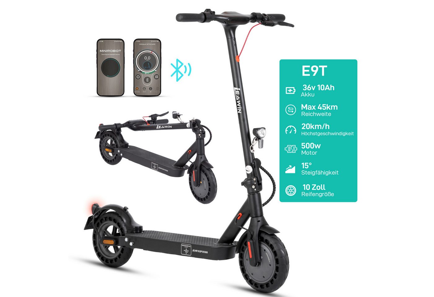 ZWHEEL E-Scooter mit Straßenzulassung 10‘’ E-roller, klappbarer Elektroroller, 45km, 500 W, 20 km/h, (mit Schutzblechen, Steigfähigkeit 20 °, max. Zuladung 120 kg), mit APP, LED-Display, Doppels Bremssystem, mit Stoßdämpfung Bild 4