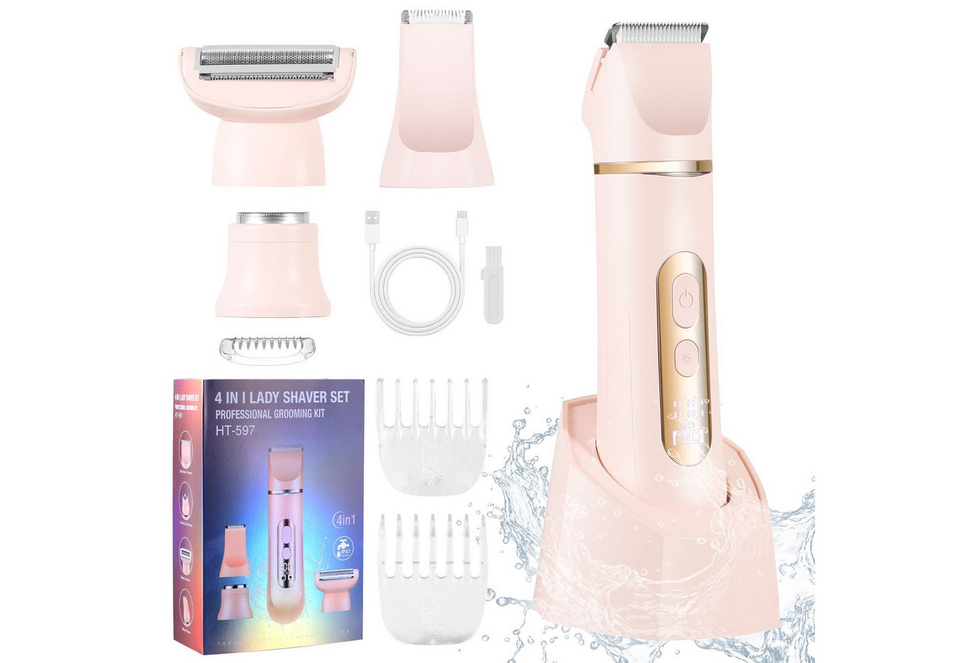 HATTEKER Epilierer HT-597, Aufsätze: 1 St., Rasierer für Damen, Trimmer, Gesichtstrimmer, 4-in-1, wasserdicht