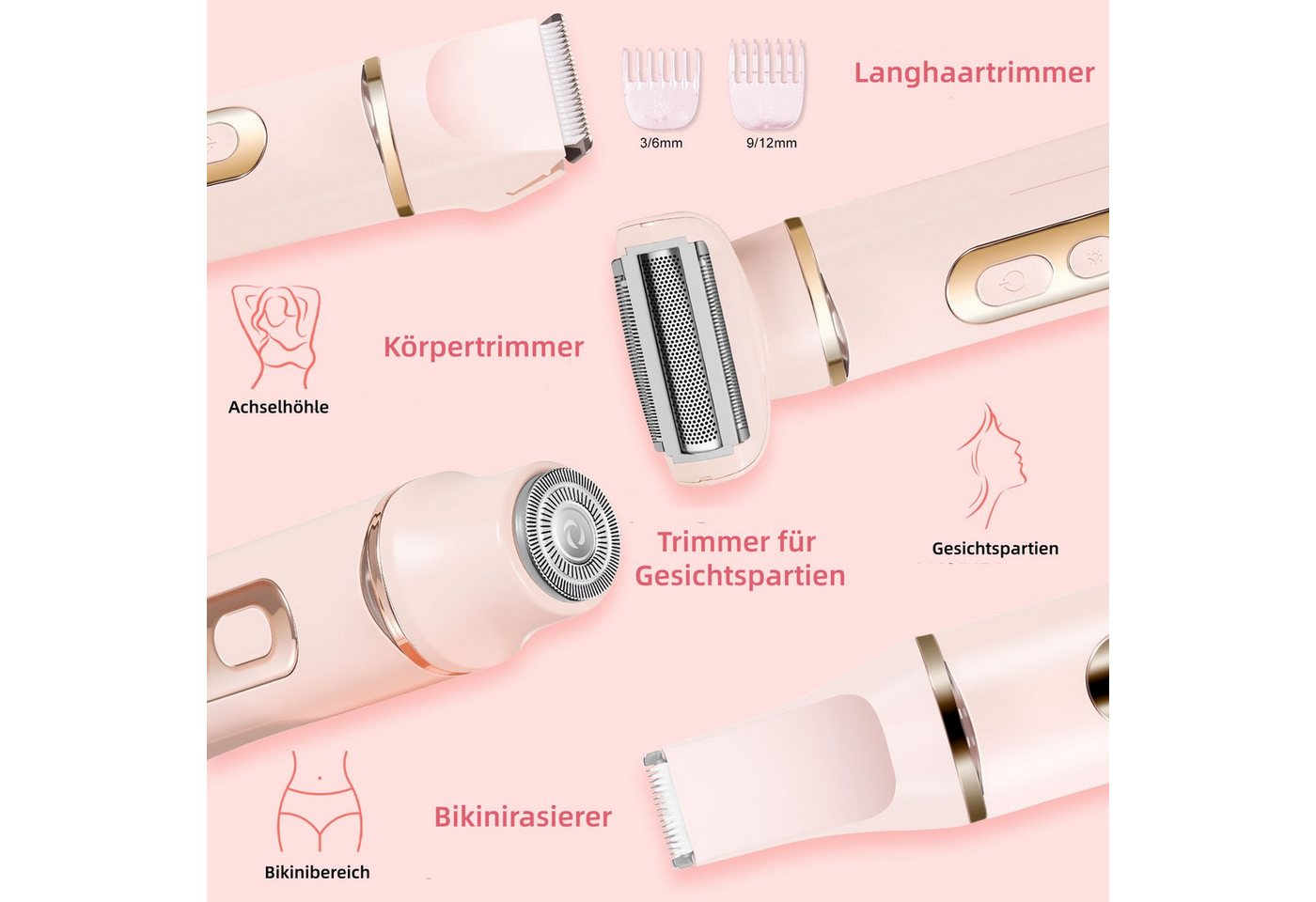 HATTEKER Epilierer HT-597, Aufsätze: 1 St., Rasierer für Damen, Trimmer, Gesichtstrimmer, 4-in-1, wasserdicht Bild 5