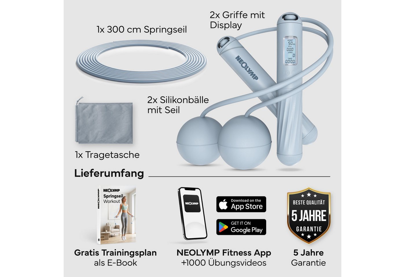NEOLYMP Springseil 2in1 Springseil mit Zähler, Stahlseil & Cordless Modus, Digitaler Sprungzähler, LCD-Display, 2in1 Cordless-Modus Bild 2