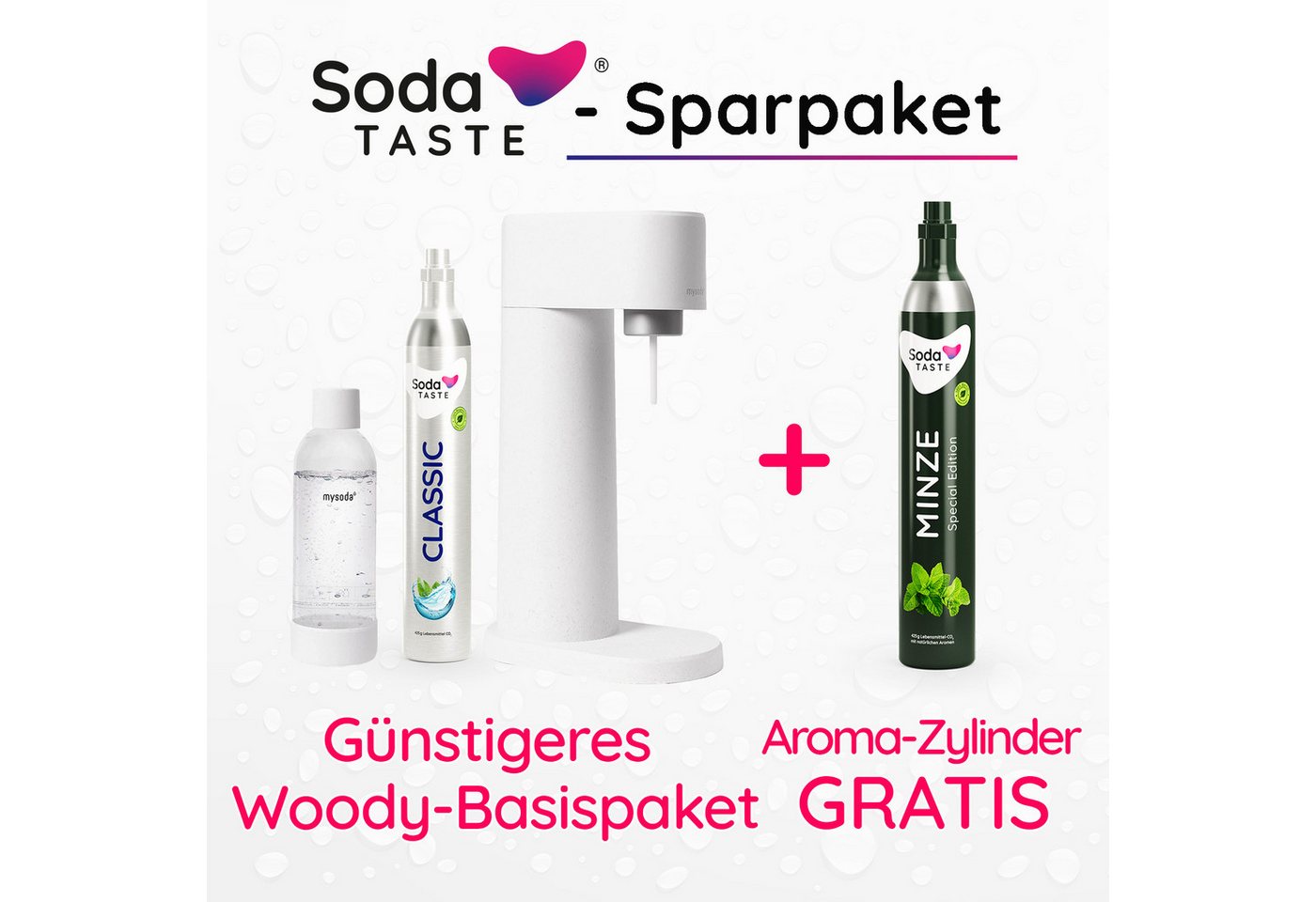 SodaTASTE Wassersprudler SodaTASTE Sparangebot: Woody Wassersprudler Weiß + CO2-Aroma Zylinder, Biokomposit-Sprudler, 2x CO2 (1x Aroma), 1L Flasche, stromlos