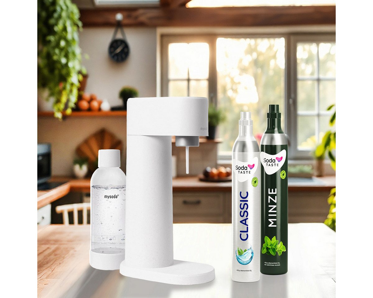 SodaTASTE Wassersprudler SodaTASTE Sparangebot: Woody Wassersprudler Weiß + CO2-Aroma Zylinder, Biokomposit-Sprudler, 2x CO2 (1x Aroma), 1L Flasche, stromlos Bild 2