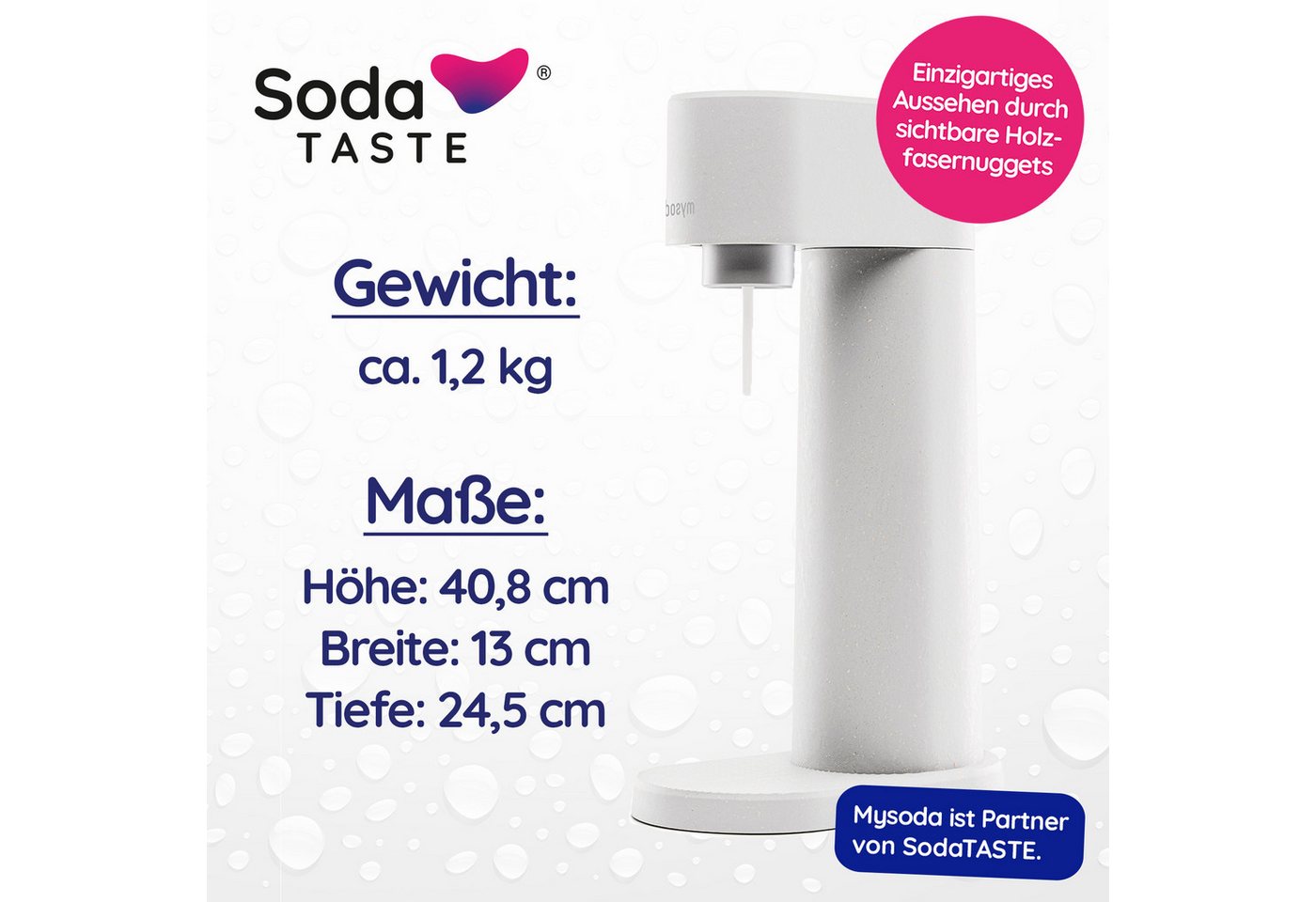 SodaTASTE Wassersprudler SodaTASTE Sparangebot: Woody Wassersprudler Weiß + CO2-Aroma Zylinder, Biokomposit-Sprudler, 2x CO2 (1x Aroma), 1L Flasche, stromlos Bild 3