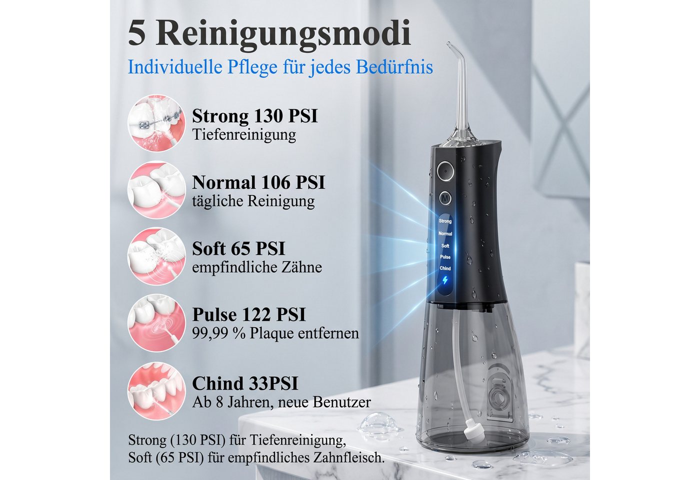 AIMAX Munddusche Kabellose Munddusche 300 ml mit 5 Modi und 4 Düsen