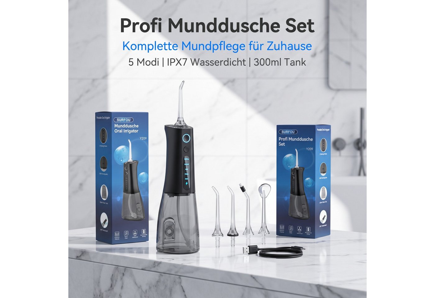 AIMAX Munddusche Kabellose Munddusche 300 ml mit 5 Modi und 4 Düsen Bild 2