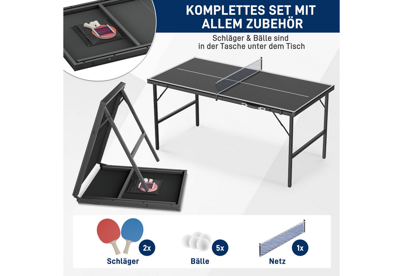 FIVMEN Mini-Tischtennisplatte klappbar im Koffer-Design mit TT-Netz und 2 Schlägern, laminierte MDF-Platte & rostfreier Metallrahmen 152,5 x 76 cm Bild 2