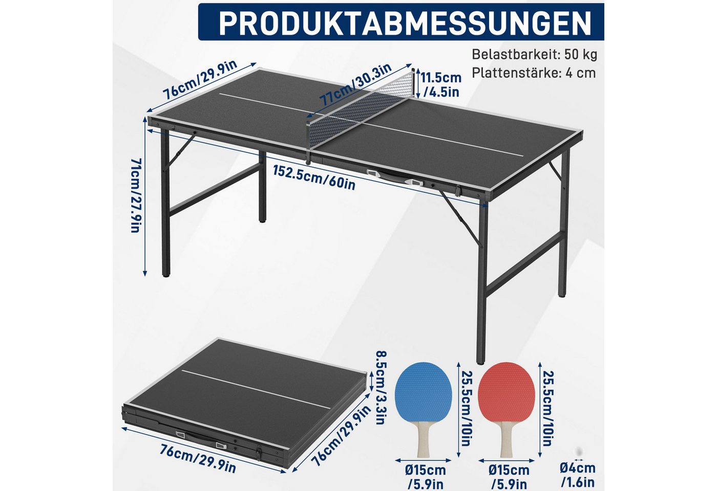 FIVMEN Mini-Tischtennisplatte klappbar im Koffer-Design mit TT-Netz und 2 Schlägern, laminierte MDF-Platte & rostfreier Metallrahmen 152,5 x 76 cm Bild 3